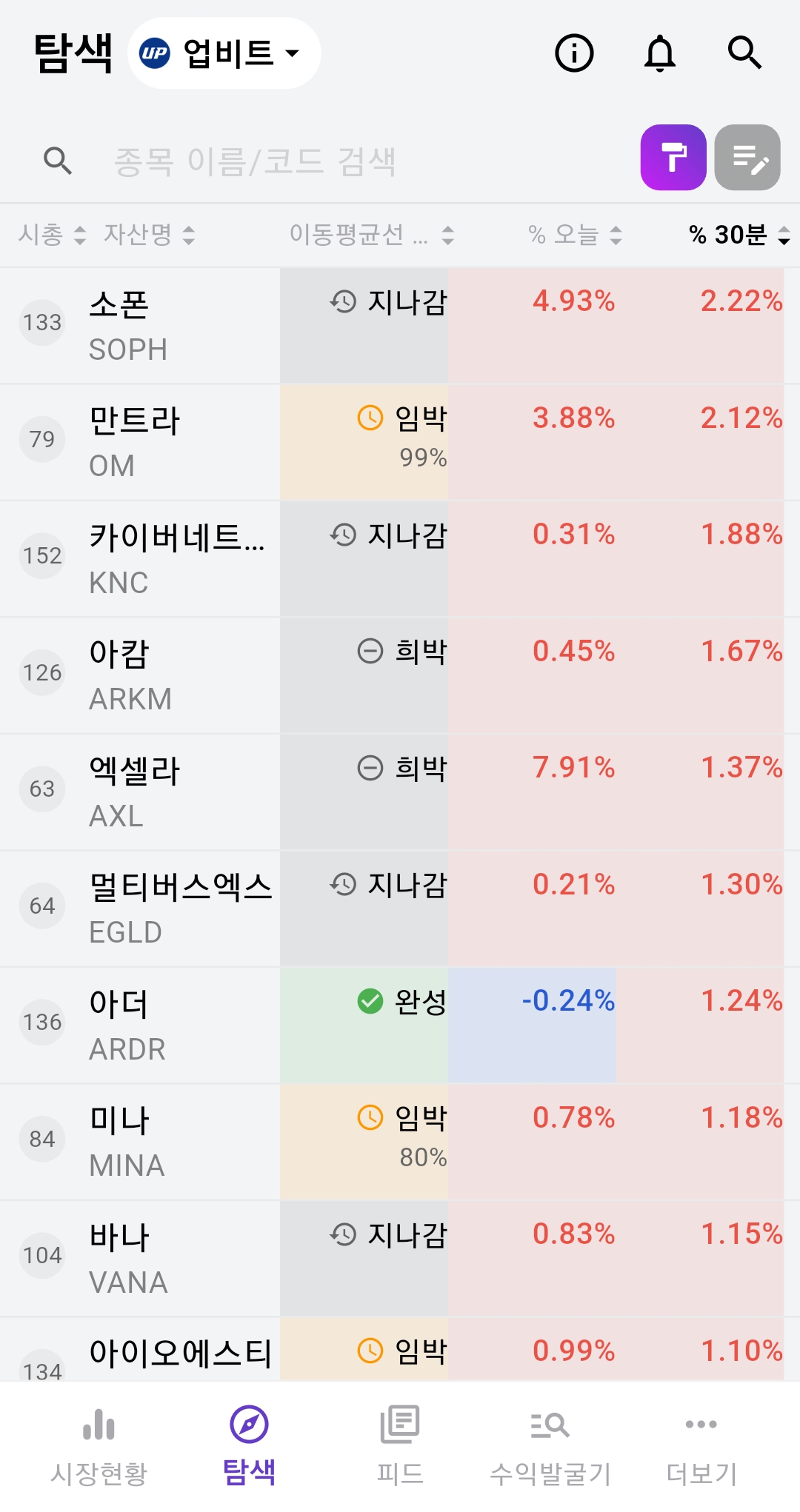 큐스피 코인 앱 코인 검색 조건 설정 및 시장 흐름 한눈에 보기 스크린샷